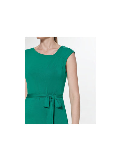 CALVIN KLEIN Womens Green Stretch Pleated Belted Pullover Jersey Sleeveless Asymmetrical Neckline Above The Knee Sheath Dress 10