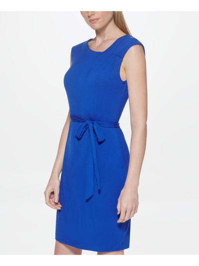 CALVIN KLEIN Womens Blue Stretch Pleated Belted Pullover Styling Sleeveless Asymmetrical Neckline Above The Knee Sheath Dress 8