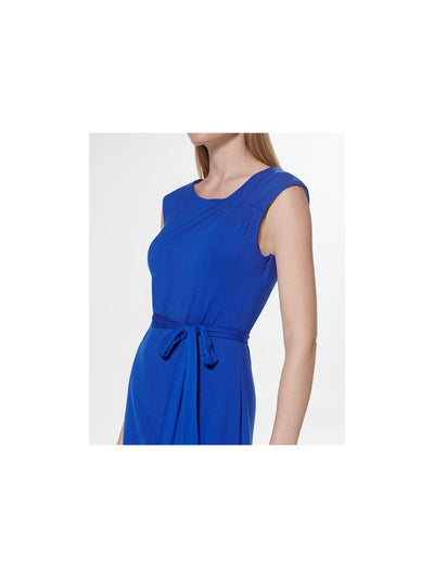 CALVIN KLEIN Womens Blue Stretch Pleated Belted Pullover Styling Sleeveless Asymmetrical Neckline Above The Knee Sheath Dress 6