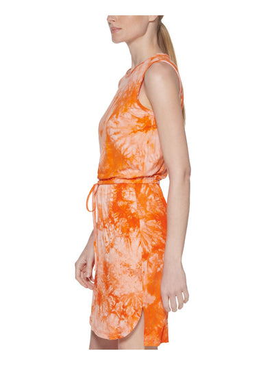 CALVIN KLEIN Womens Orange Stretch Slitted Drawstring Waist Tie Dye Sleeveless Round Neck Above The Knee Sheath Dress 8