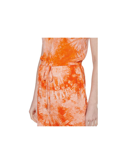 CALVIN KLEIN Womens Orange Stretch Slitted Drawstring Waist Tie Dye Sleeveless Round Neck Above The Knee Sheath Dress 6