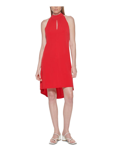 CALVIN KLEIN Womens Red Stretch Zippered Pleated Halter Tie Sleeveless Keyhole Below The Knee Evening Hi-Lo Dress 2