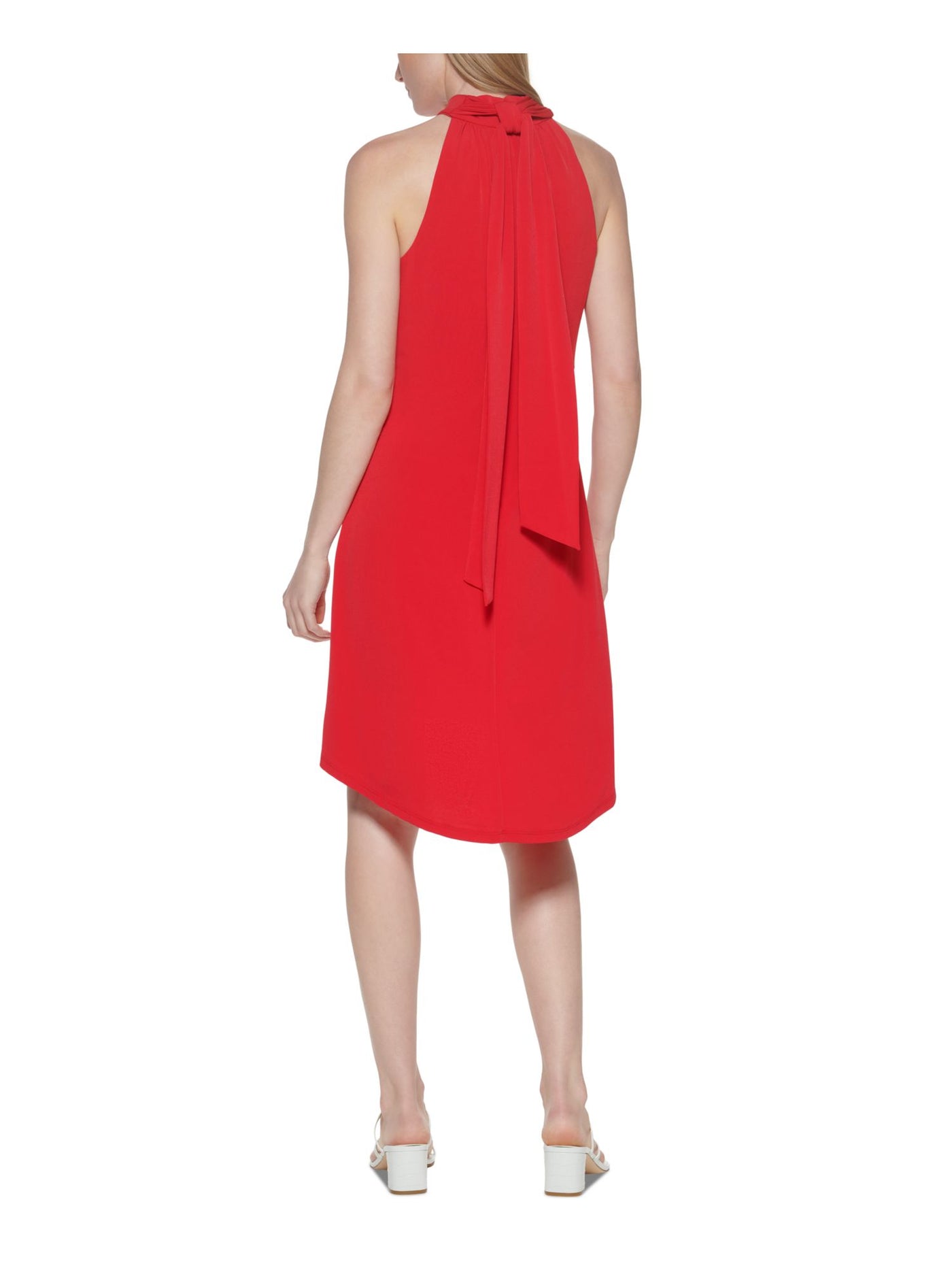 CALVIN KLEIN Womens Red Stretch Zippered Pleated Halter Tie Sleeveless Keyhole Below The Knee Evening Hi-Lo Dress 2