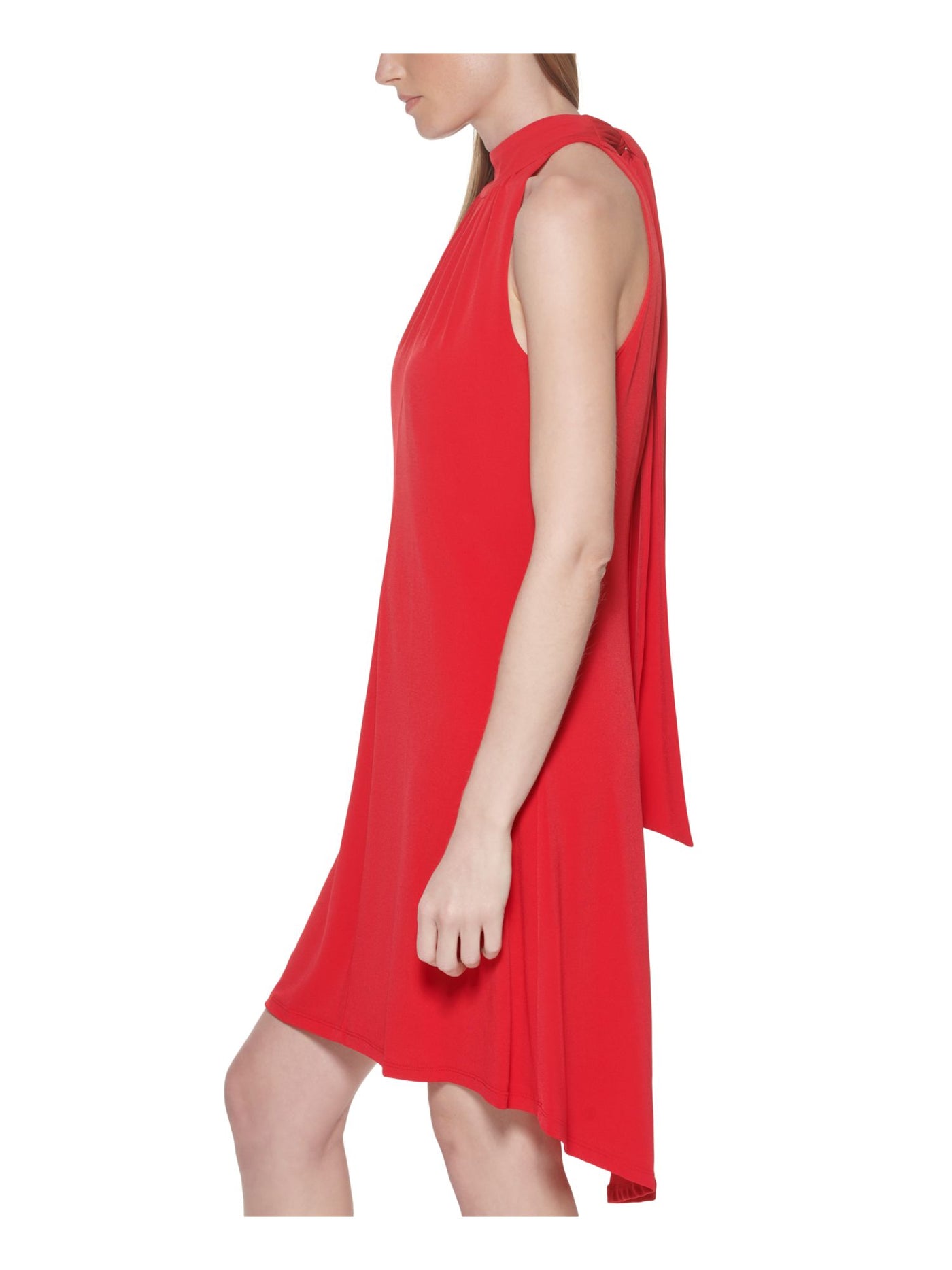 CALVIN KLEIN Womens Red Stretch Zippered Pleated Halter Tie Sleeveless Keyhole Below The Knee Evening Hi-Lo Dress 2