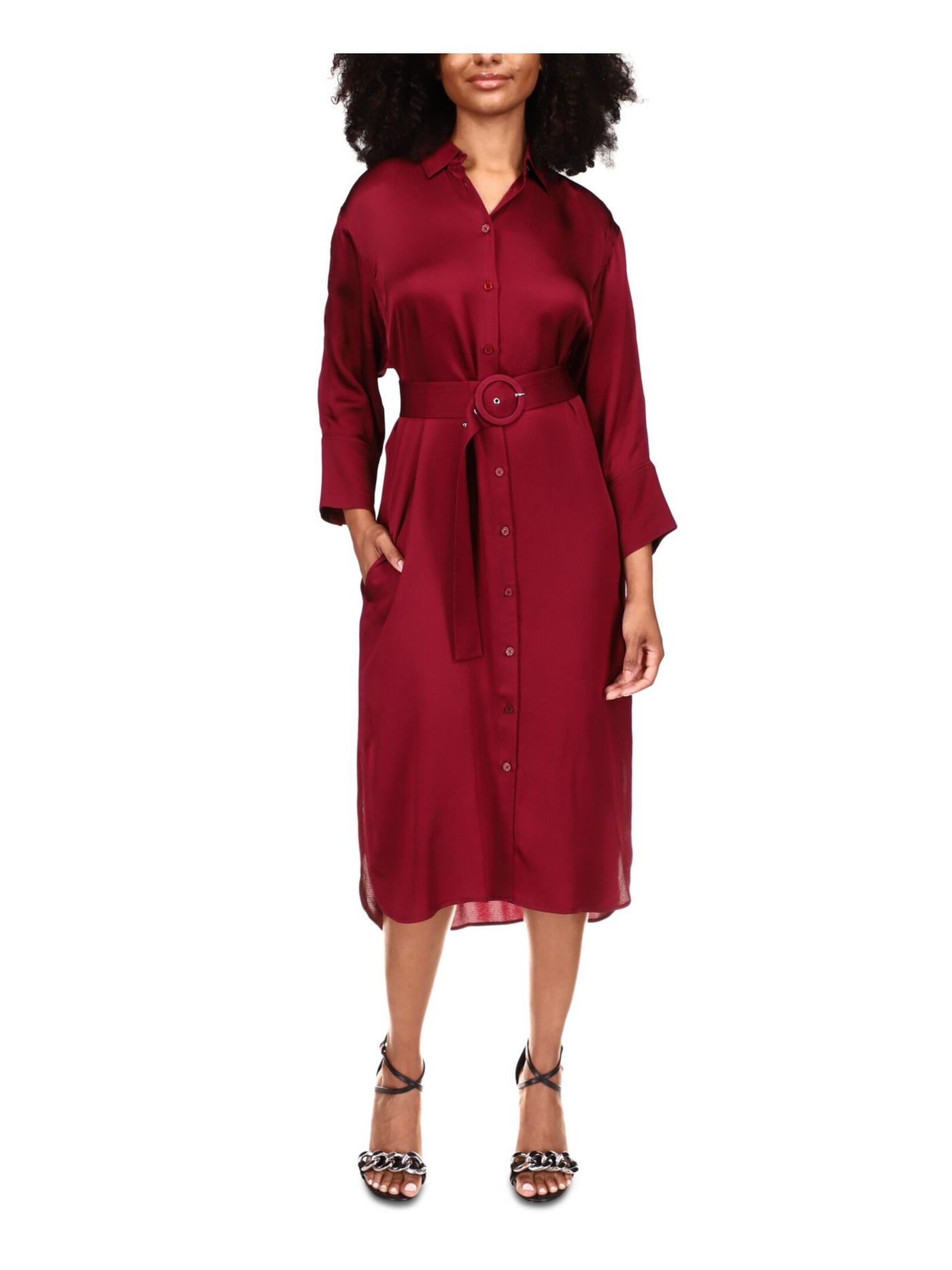 MICHAEL MICHAEL KORS Womens Maroon Belted Textured 3/4 Sleeve Collared Midi Wear To Work Shirt Dress XL