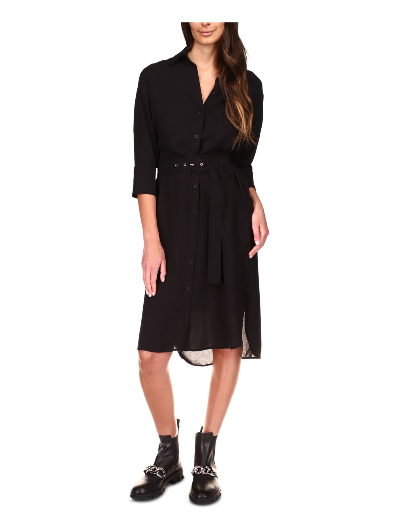 MICHAEL KORS Womens Black Belted Textured Vented Sides Unlined Sheer 3/4 Sleeve Collared Midi Shirt Dress S