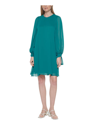CALVIN KLEIN Womens Teal Sheer Lined   Pullover Styling Blouson Sleeve Round Neck Above The Knee Active Wear Trapeze Dress 6
