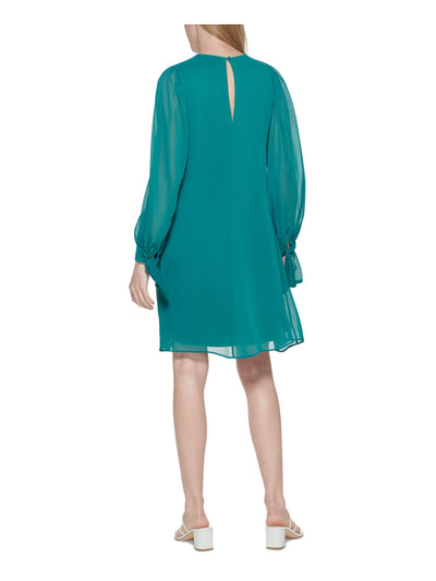 CALVIN KLEIN Womens Teal Sheer Lined   Pullover Styling Blouson Sleeve Round Neck Above The Knee Active Wear Trapeze Dress 6