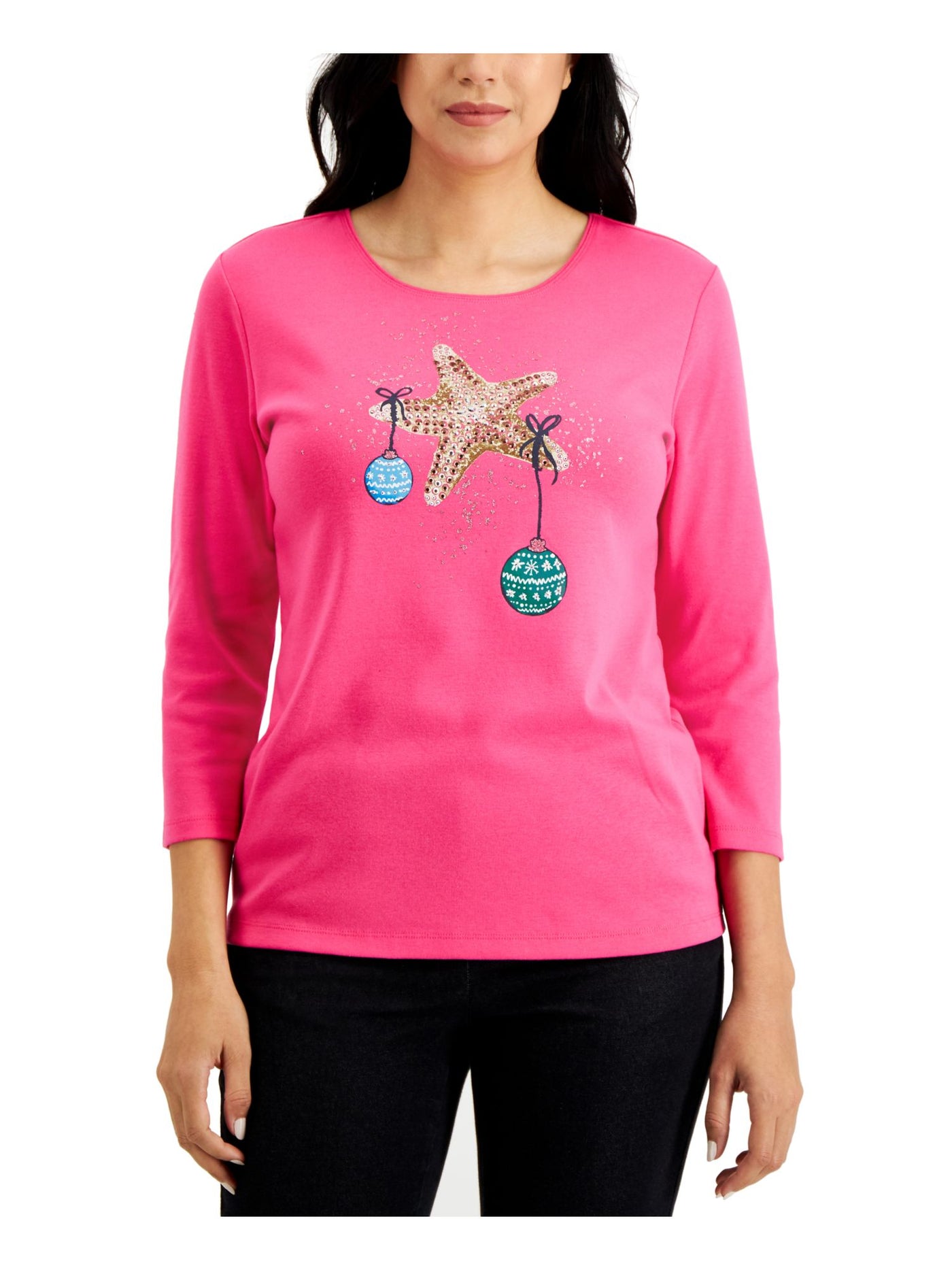 KAREN SCOTT Womens Pink Embellished Graphic 3/4 Sleeve Scoop Neck Holiday Top Petites PS