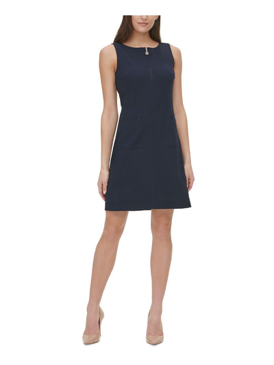 TOMMY HILFIGER Womens Navy Stretch Zippered Pocketed Front Half-zip Monogram Pull Sleeveless Round Neck Above The Knee Party Fit + Flare Dress 12