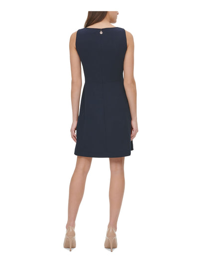 TOMMY HILFIGER Womens Navy Stretch Zippered Pocketed Front Half-zip Monogram Pull Sleeveless Round Neck Above The Knee Party Fit + Flare Dress 8