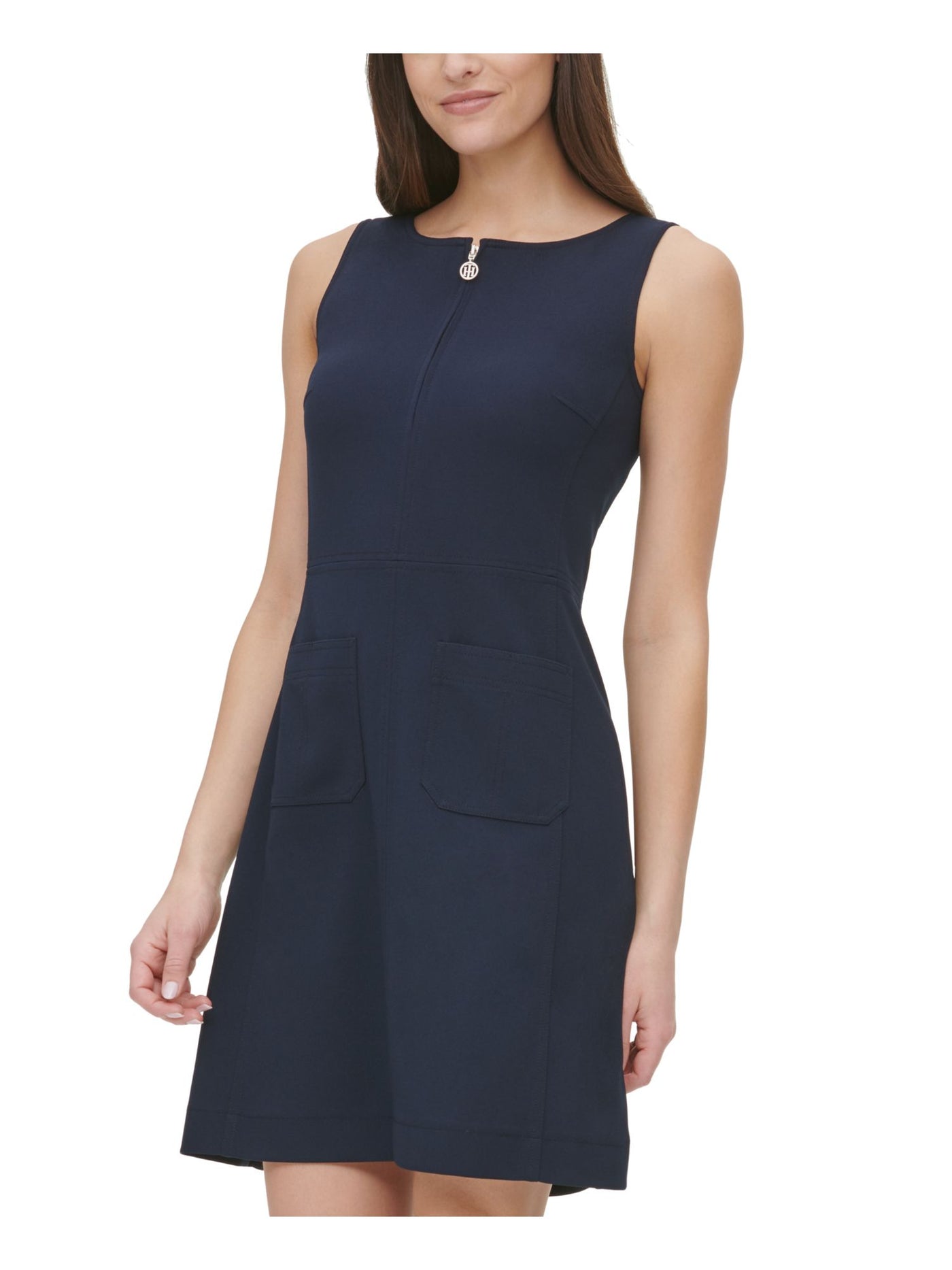 TOMMY HILFIGER Womens Navy Stretch Zippered Pocketed Front Half-zip Monogram Pull Sleeveless Round Neck Above The Knee Party Fit + Flare Dress 12