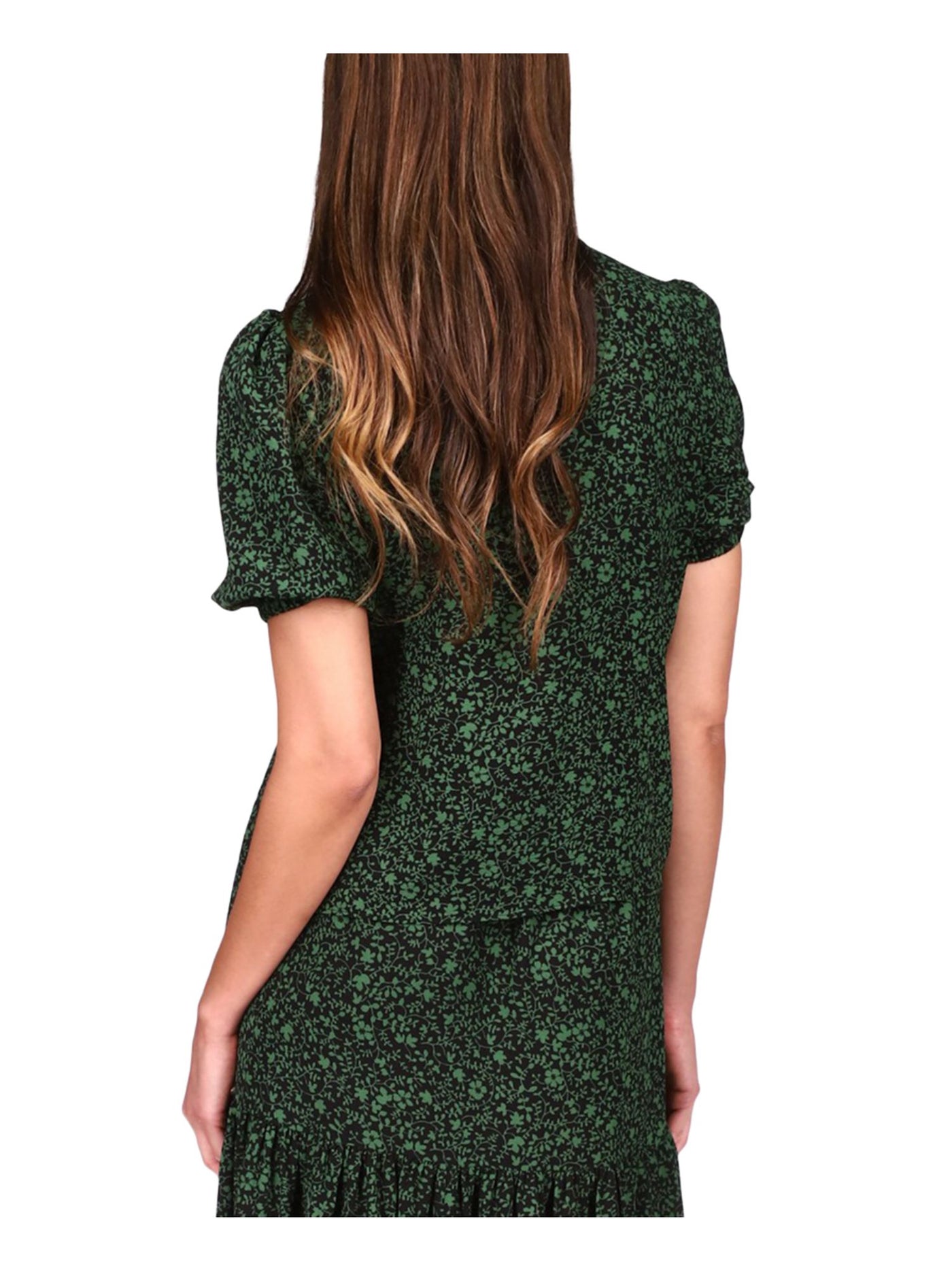 MICHAEL MICHAEL KORS Womens Green Floral Short Sleeve Surplice Neckline Faux Wrap Top XS