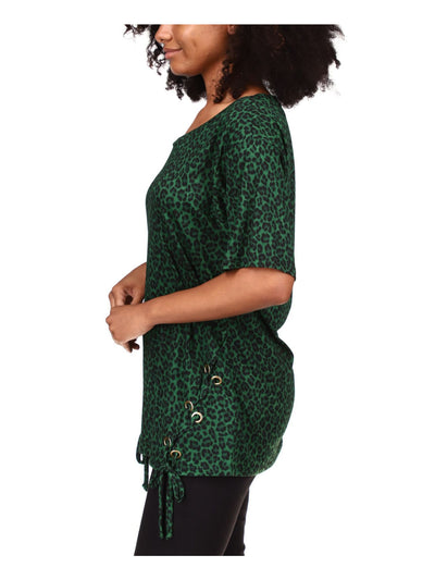 MICHAEL MICHAEL KORS Womens Green Animal Print Short Sleeve Scoop Neck Wear To Work Tunic Top S