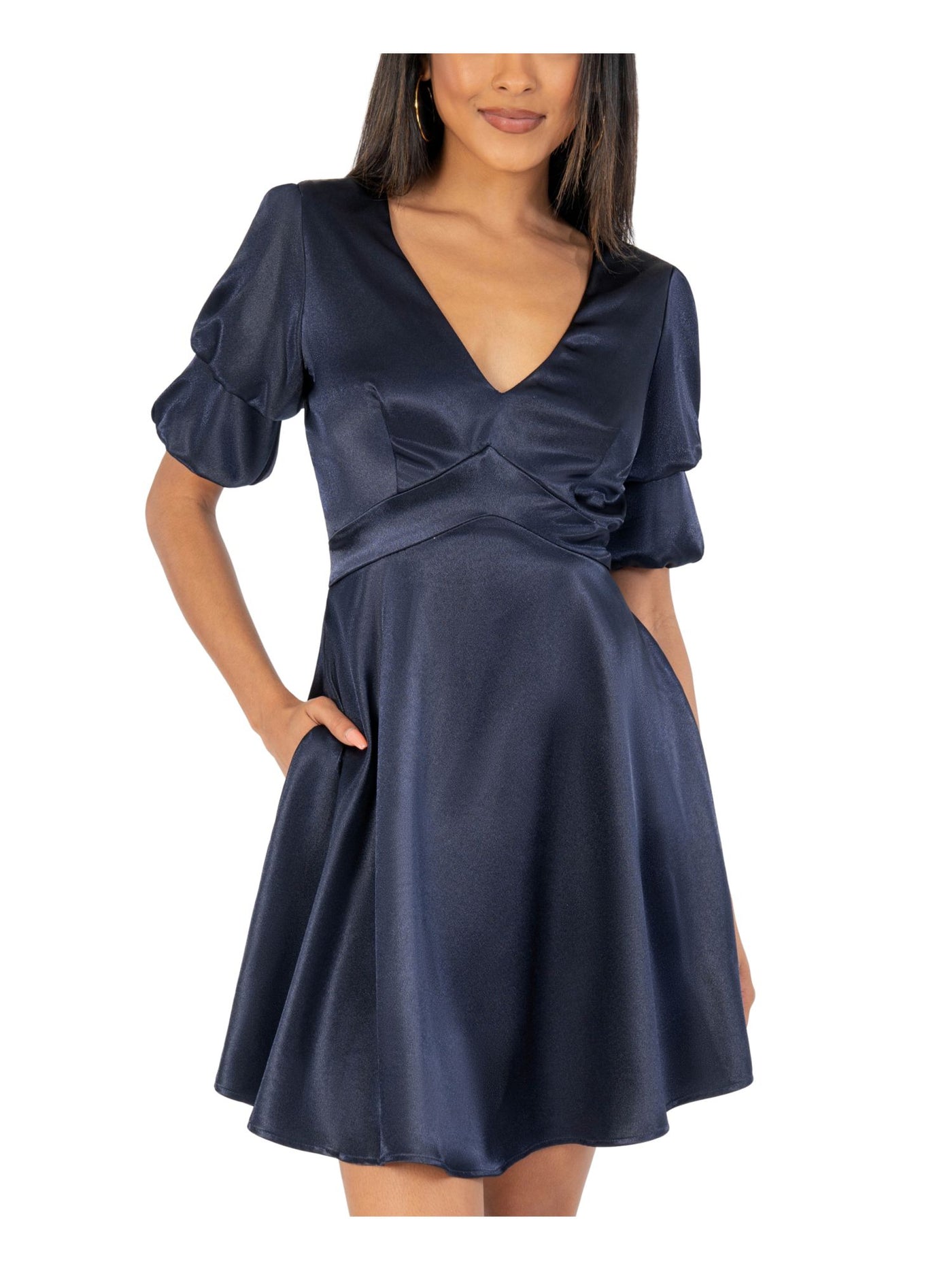 SPEECHLESS Womens Navy Pocketed Darted Satin Short Sleeve V Neck Short Party Fit + Flare Dress Juniors 11