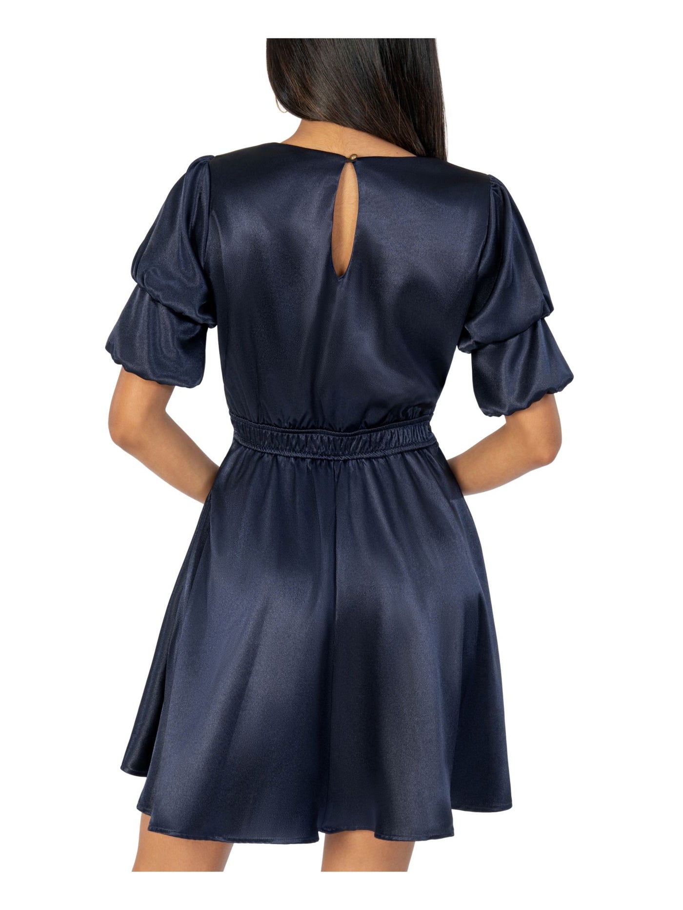 SPEECHLESS Womens Navy Pocketed Darted Satin Short Sleeve V Neck Short Party Fit + Flare Dress Juniors 9
