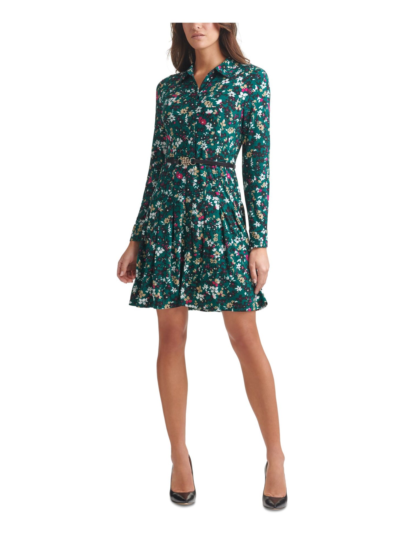 TOMMY HILFIGER Womens Green Stretch Belted Jersey-knit Button-down Floral Long Sleeve Point Collar Short Shirt Dress 2
