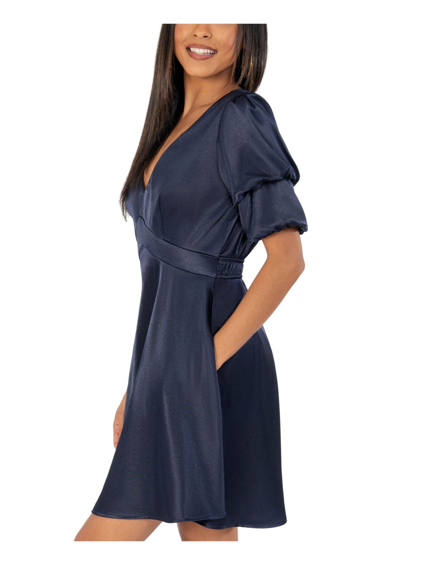 SPEECHLESS Womens Navy Pocketed Darted Satin Short Sleeve V Neck Short Party Fit + Flare Dress Juniors 3