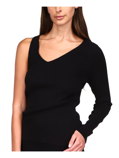 MICHAEL MICHAEL KORS Womens Black Stretch Ribbed One Sleeve Long Sleeve V Neck Party Top M