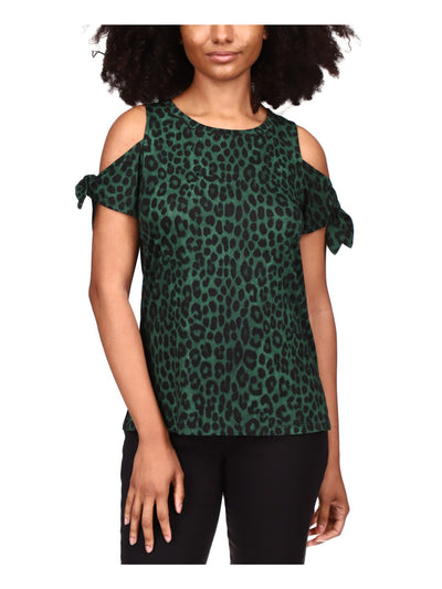 MICHAEL KORS Womens Green Cold Shoulder Tie Animal Print Short Sleeve Crew Neck Top XXS