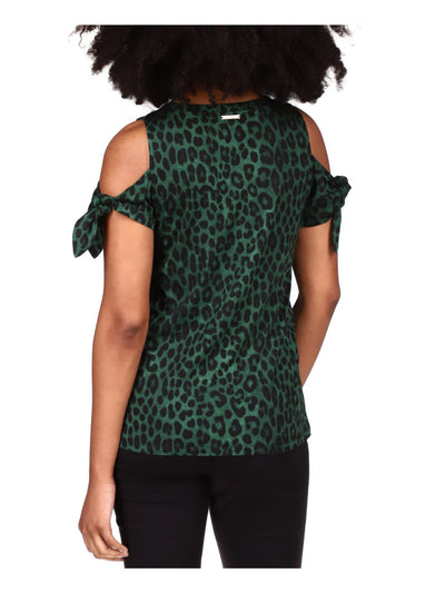 MICHAEL KORS Womens Green Cold Shoulder Tie Animal Print Short Sleeve Crew Neck Top XXS