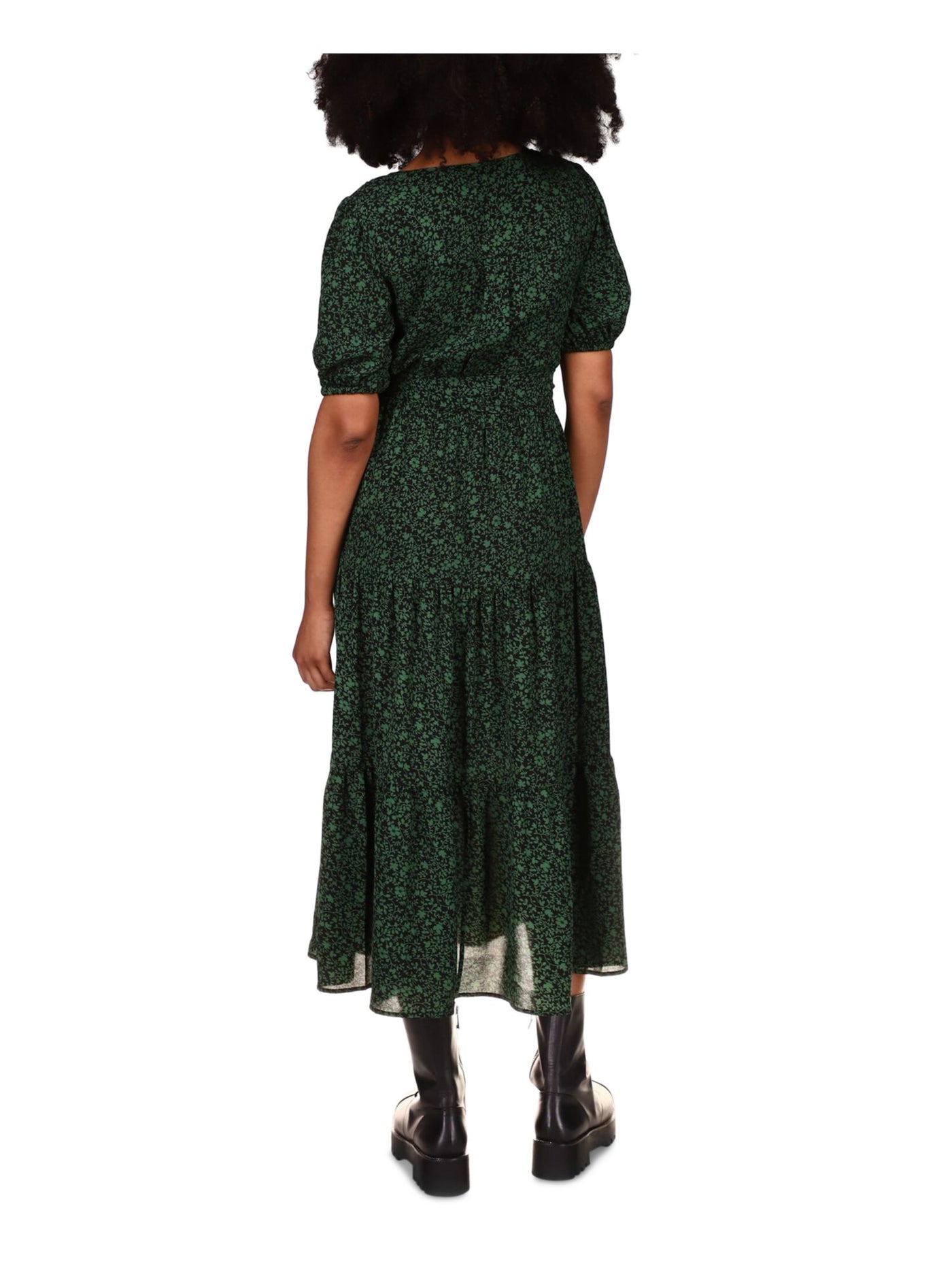 Michael Kors Womens Green Tie Pleated Printed Short Sleeve Surplice Neckline Tea-Length Shirt Dress Michael Kors Womens Green Tie Pleated Printed Short Sleeve Surplice Neckline Tea-Length Shirt Dress