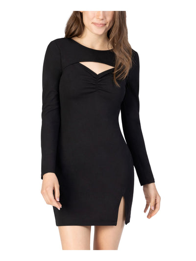 SPEECHLESS Womens Black Stretch Cut Out Ruched Split-hem Long Sleeve Crew Neck Short Cocktail Body Con Dress L