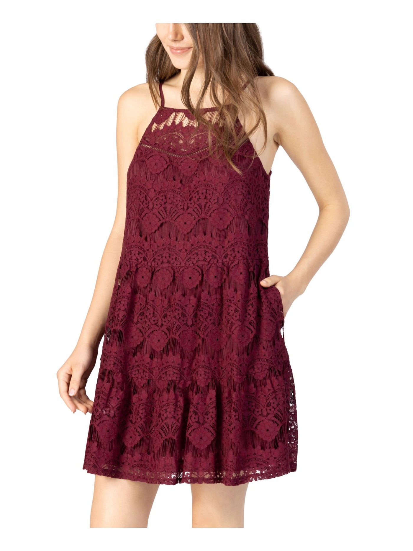 Speechless Juniors' Sleeveless Lace Shift Dress - Berry - Size S Speechless Juniors' Sleeveless Lace Shift Dress - Berry - Size S