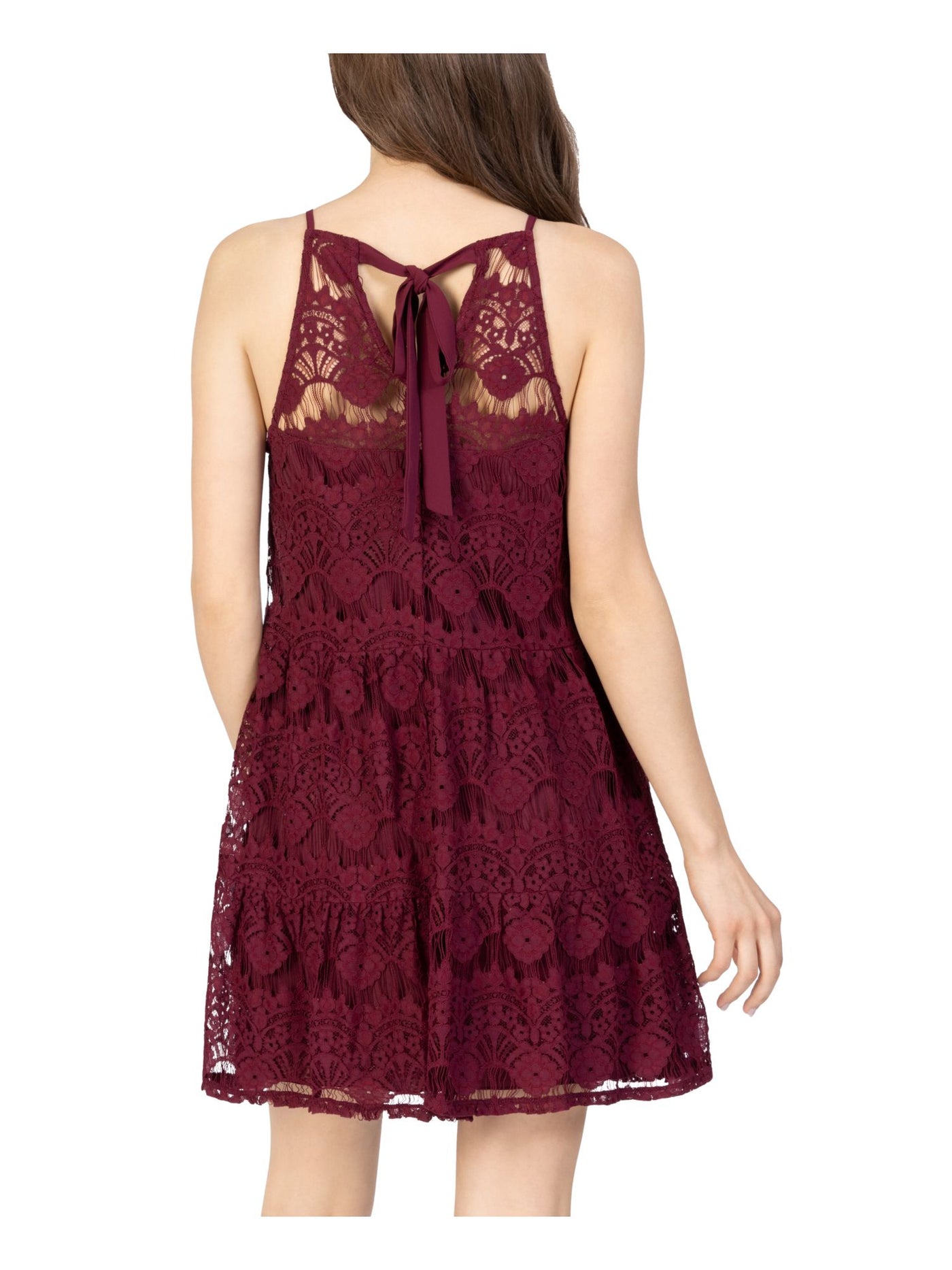 SPEECHLESS Womens Maroon Pocketed Tie Lace Tiered Lined Sleeveless Halter Short Shift Dress S