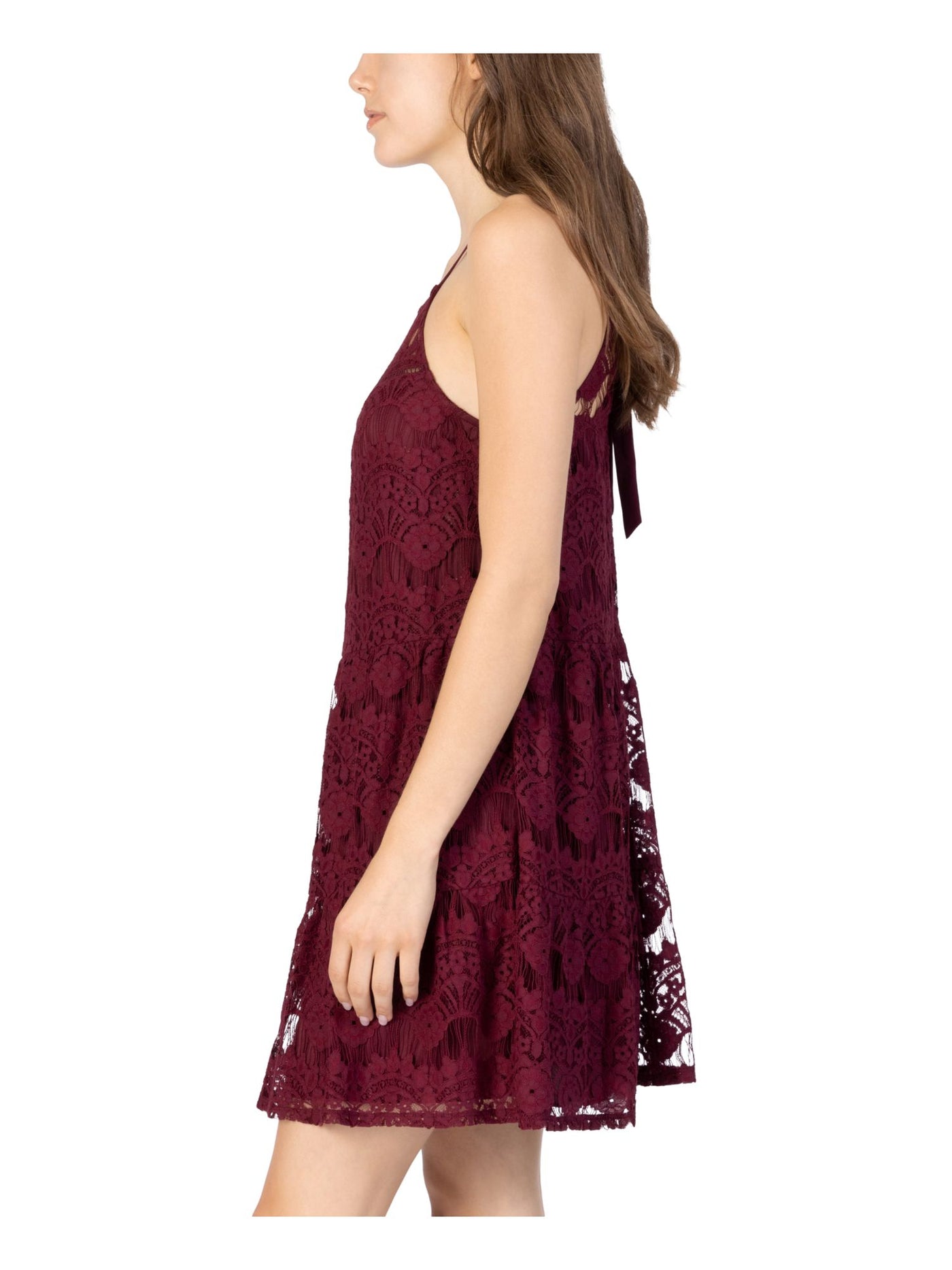 SPEECHLESS Womens Maroon Pocketed Tie Lace Tiered Lined Sleeveless Halter Short Shift Dress Juniors S