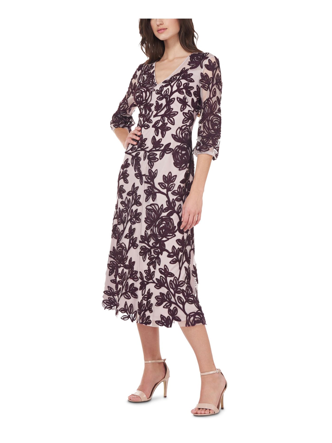 JS COLLECTION Womens Purple Zippered Lined Floral 3/4 Sleeve V Neck Tea-Length A-Line Dress 0