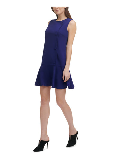 DKNY Womens Blue Stretch Zippered Fitted Faux Button Sleeveless Round Neck Short Wear To Work Drop Waist Dress 10