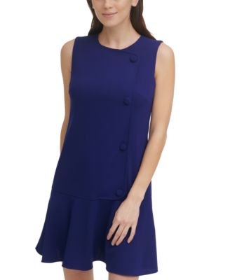 DKNY Womens Blue Stretch Zippered Fitted Faux Button Sleeveless Round Neck Short Wear To Work Drop Waist Dress 8
