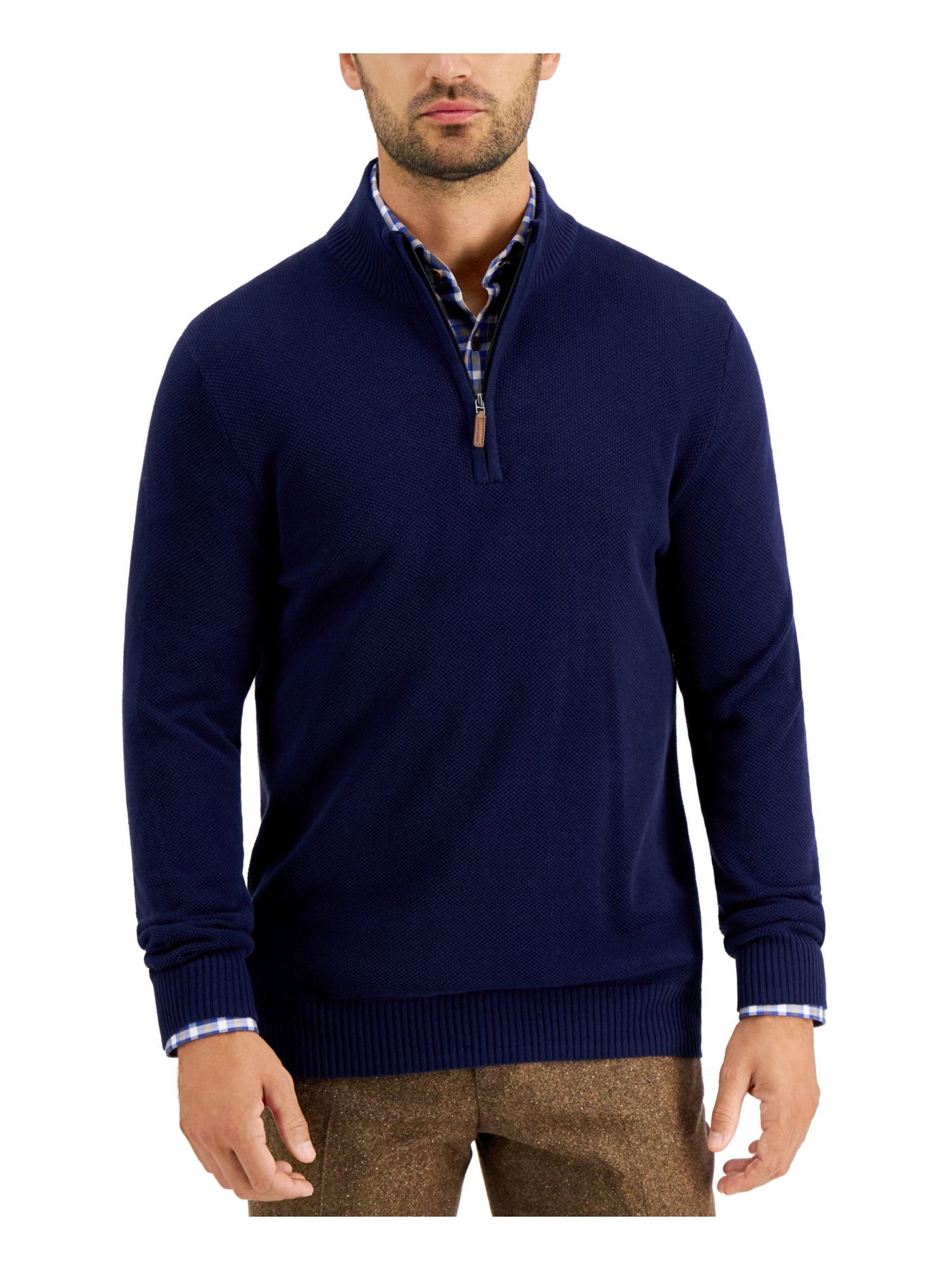 CLUBROOM Mens Navy Mock Neck Classic Fit Quarter-Zip Faux Leather Pullover Sweater M