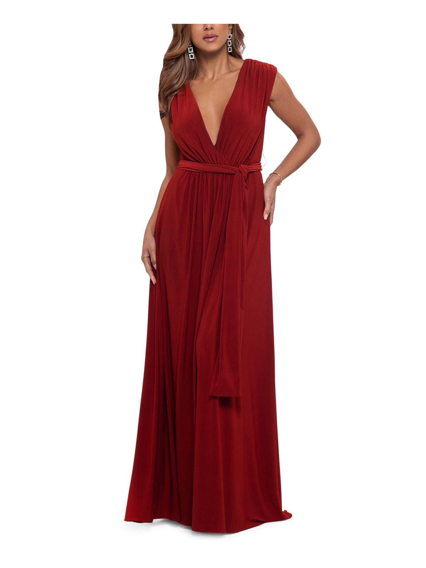 BETSY & ADAM Womens Maroon Stretch Pleated Low Cut Self-tie Belt High Slit Sleeveless Surplice Neckline Full-Length Formal Gown Dress 10