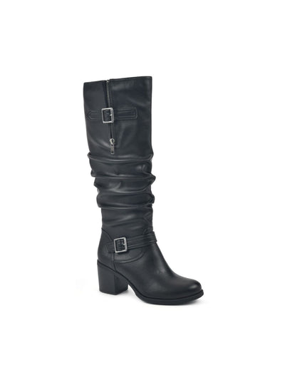 WHITE MOUNTAIN Womens Black Buckled Straps Goring Cushioned Ruched Desirable Almond Toe Block Heel Zip-Up Slouch Boot 11 M