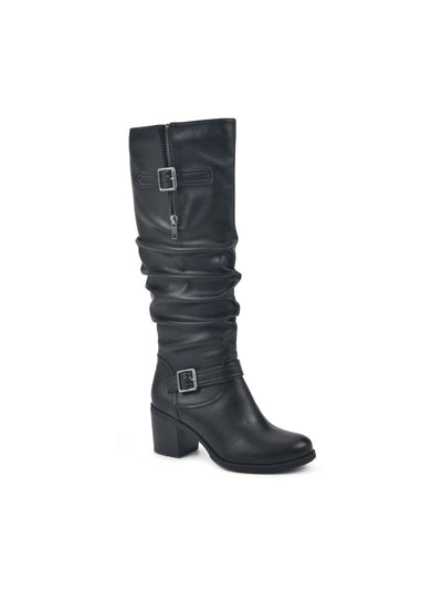 WHITE MOUNTAIN Womens Black Comfort Buckle Accent Goring Desirable Round Toe Block Heel Zip-Up Riding Boot 7.5 WW