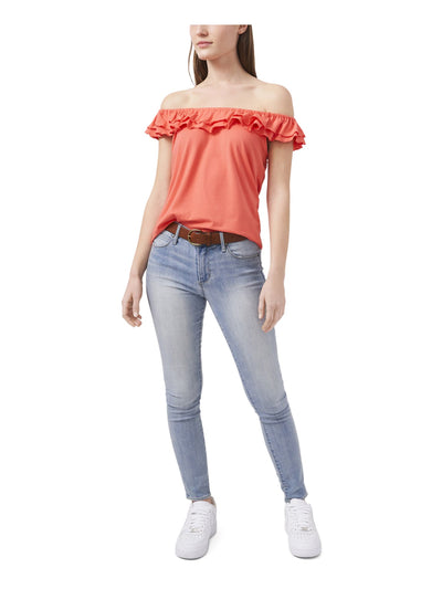 RILEY&RAE Womens Coral Stretch Ruffled Flutter Sleeve Off Shoulder Top M