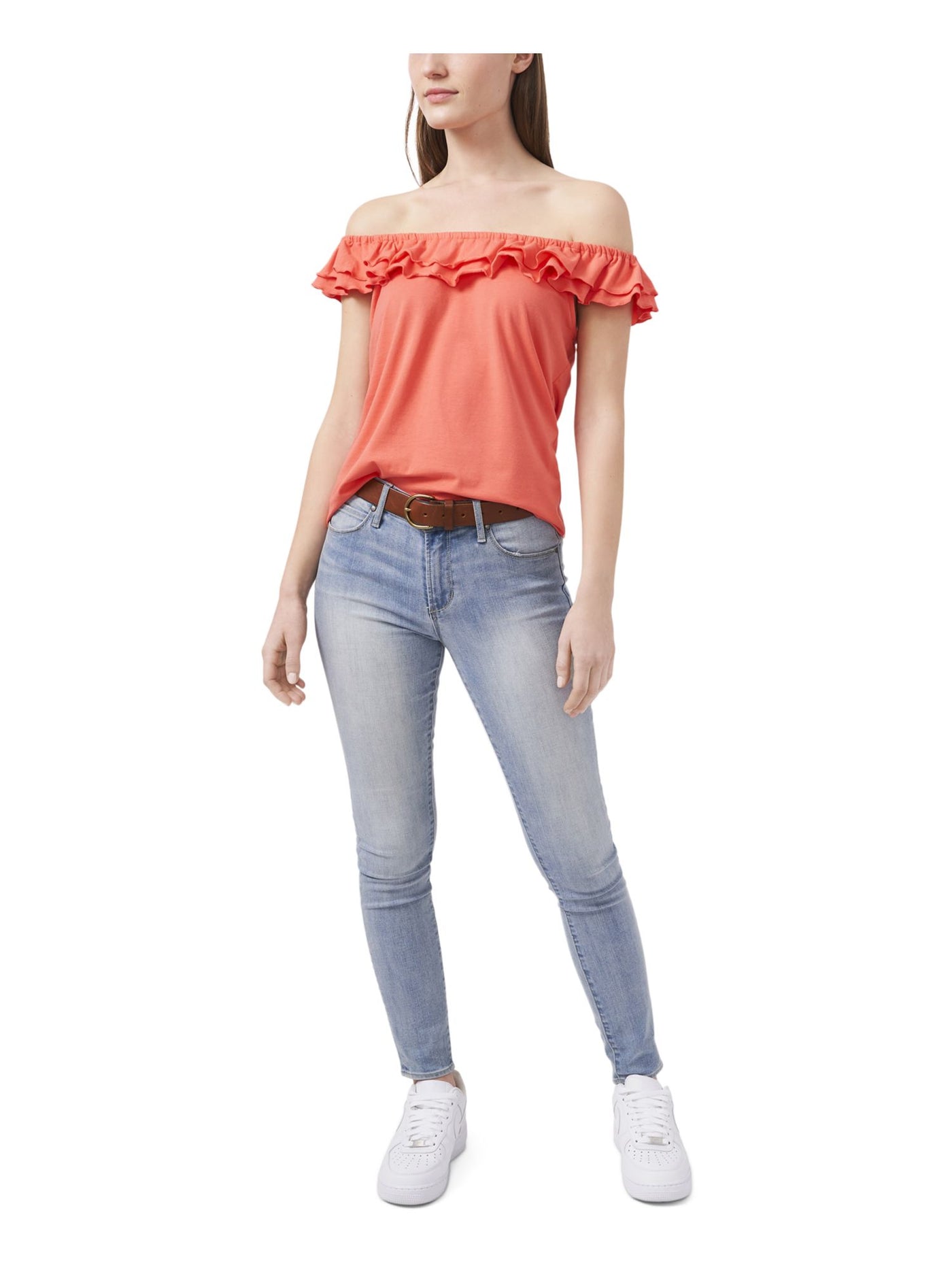 RILEY&RAE Womens Coral Stretch Ruffled Flutter Sleeve Off Shoulder Top XXL