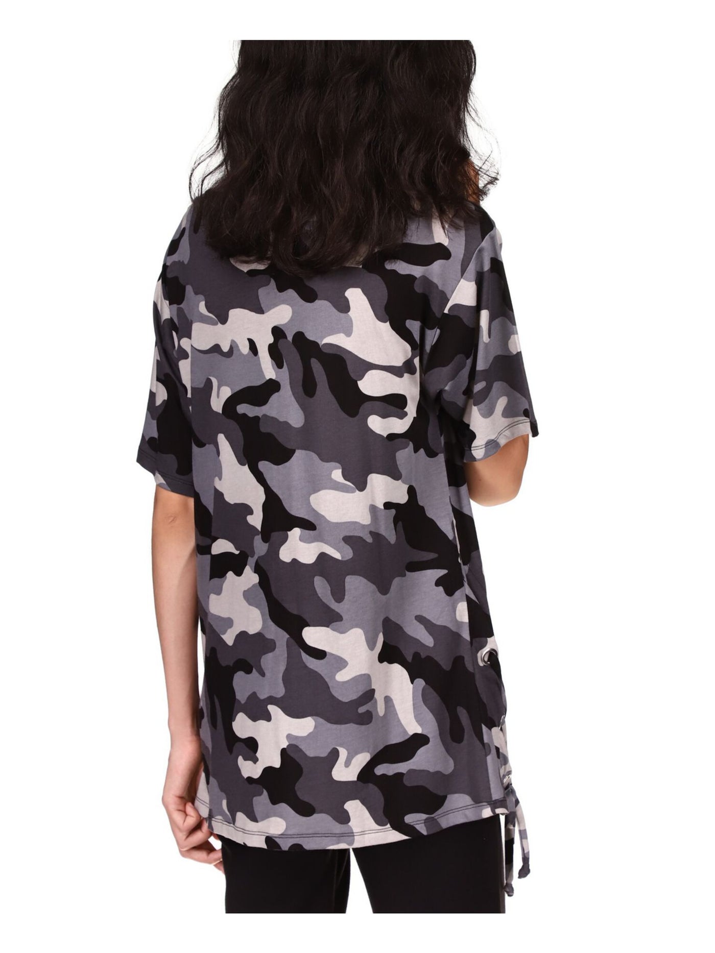MICHAEL KORS Womens Gray Camouflage Elbow Sleeve Crew Neck Tunic Top L