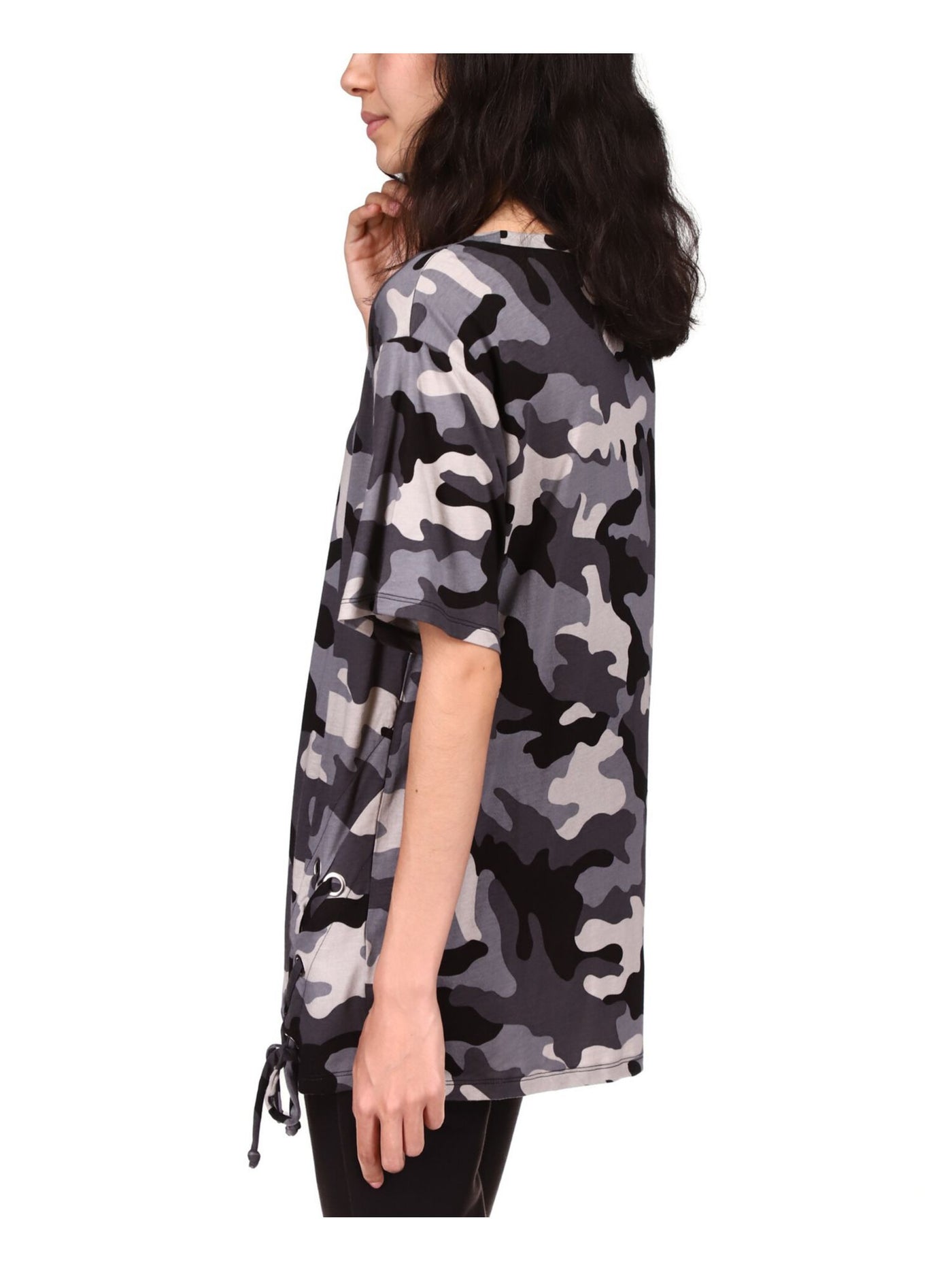 MICHAEL KORS Womens Gray Camouflage Elbow Sleeve Crew Neck Tunic Top M