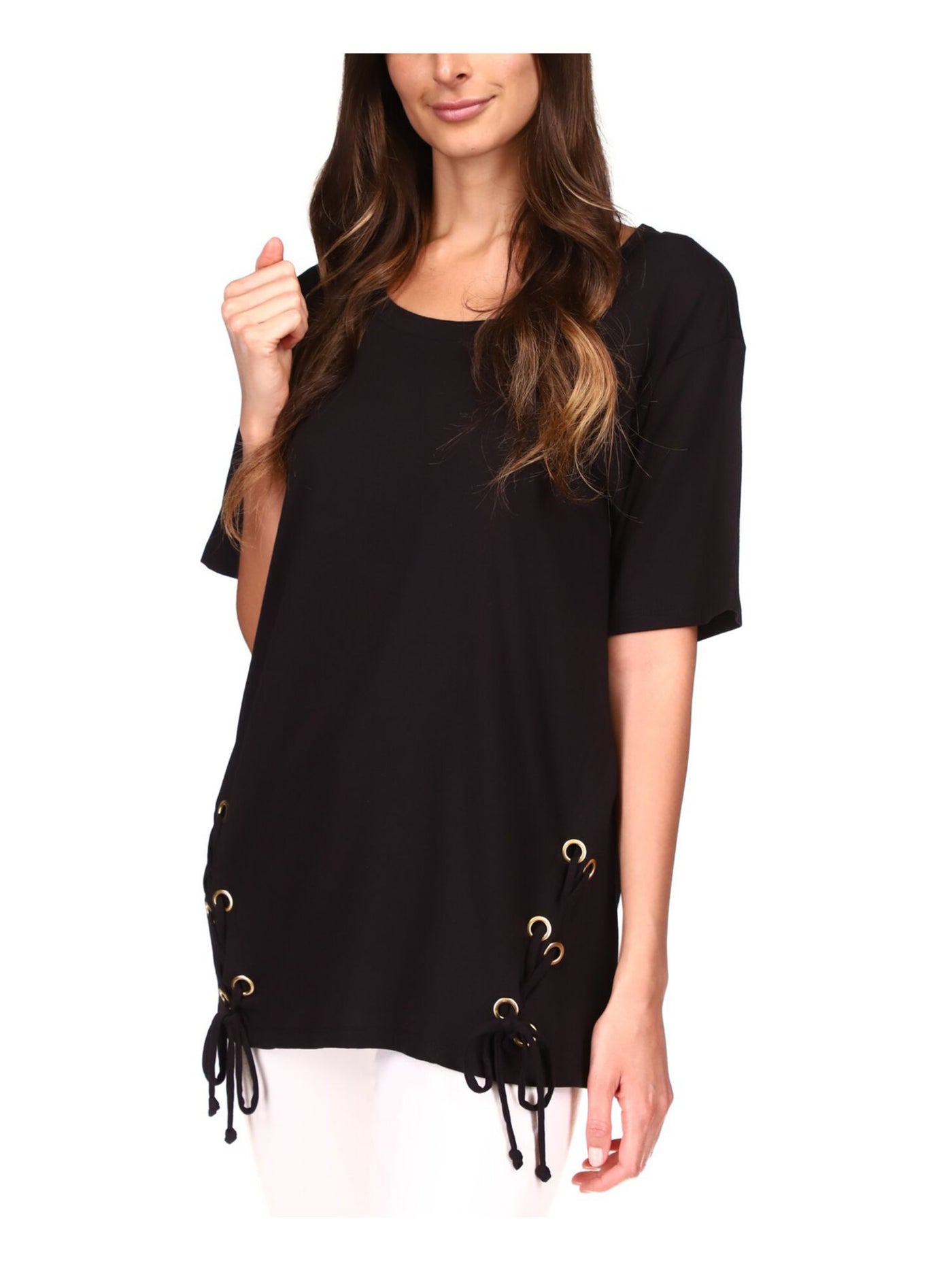 MICHAEL MICHAEL KORS Womens Black Elbow Sleeve Crew Neck Tunic Top XS