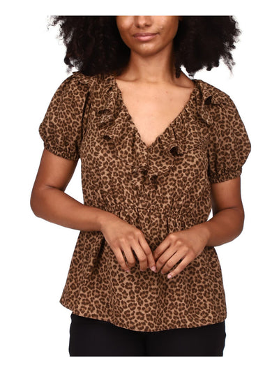 MICHAEL MICHAEL KORS Womens Brown Ruffled Elastic Waistband Animal Print Short Sleeve V Neck Peplum Top M