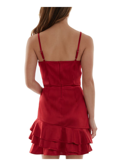 BCX DRESS Womens Red Stretch Ruffled Zippered Cupped Pull-overeasy Care Spaghetti Strap Sweetheart Neckline Above The Knee Party Sheath Dress Juniors 0