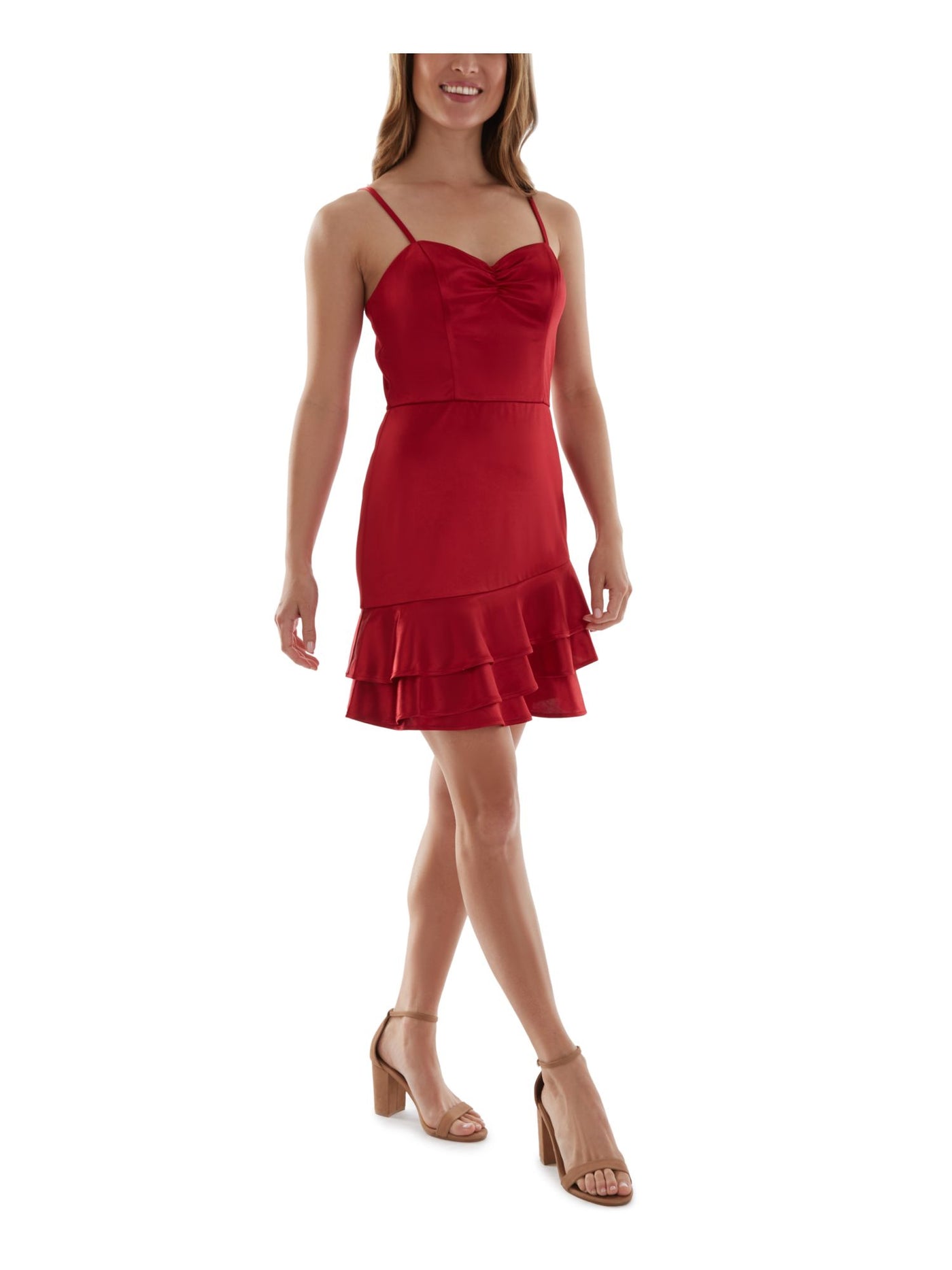 BCX DRESS Womens Red Stretch Ruffled Zippered Cupped Pull-overeasy Care Spaghetti Strap Sweetheart Neckline Above The Knee Party Sheath Dress Juniors 15
