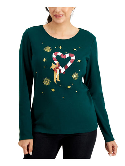 KAREN SCOTT Womens Green Stretch Glitter Graphic Long Sleeve Scoop Neck Holiday Top Petites PXL