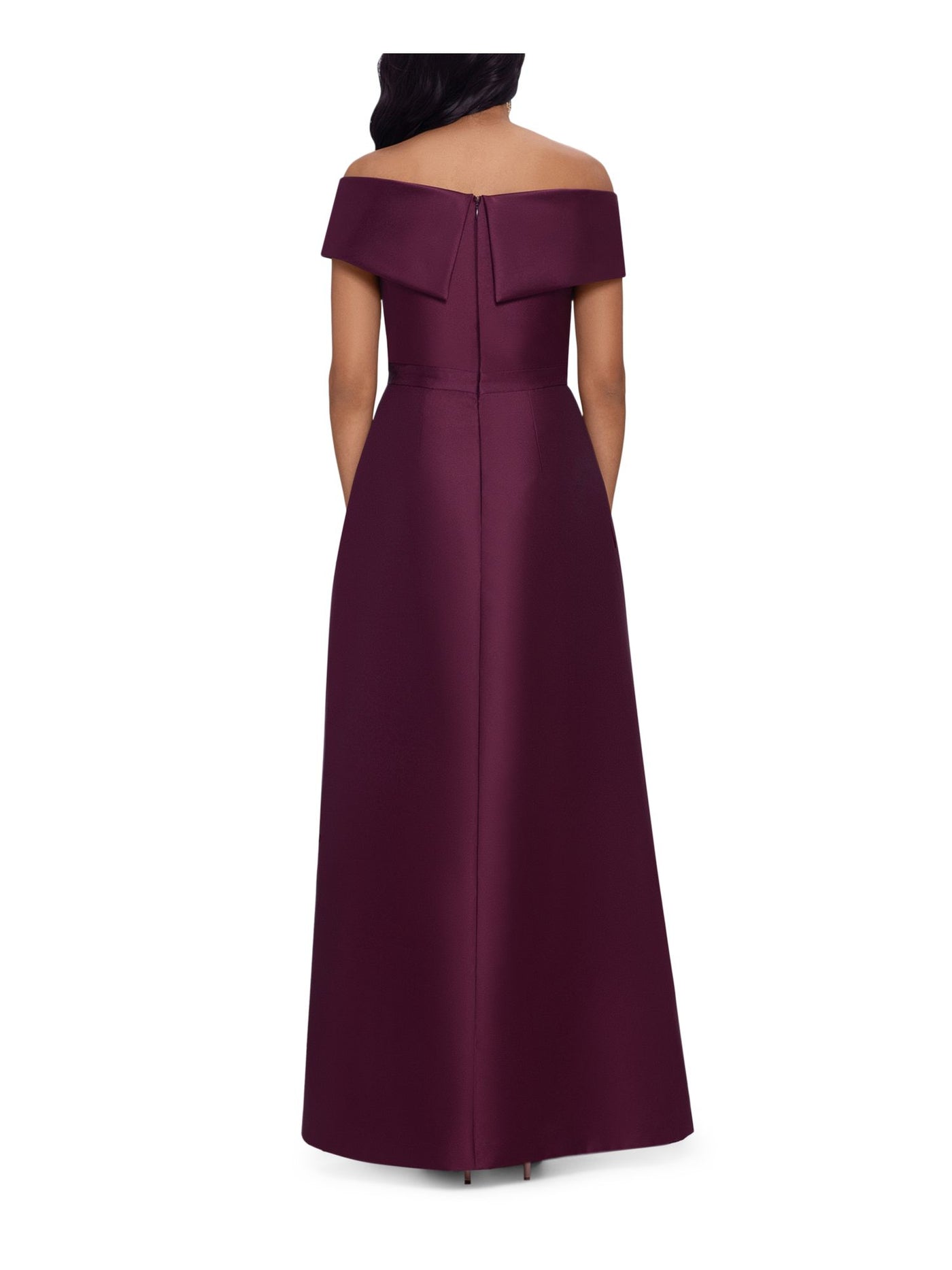 XSCAPE Womens Burgundy Zippered Draped Asymmetrical Skirt Lined Short Sleeve Off Shoulder Full-Length Evening Gown Dress 10
