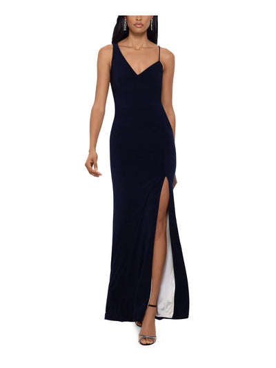 XSCAPE Womens Navy Stretch Slitted Zippered Straps One Wide One Spaghetti Sleeveless Asymmetrical Neckline Full-Length Formal Gown Dress 2