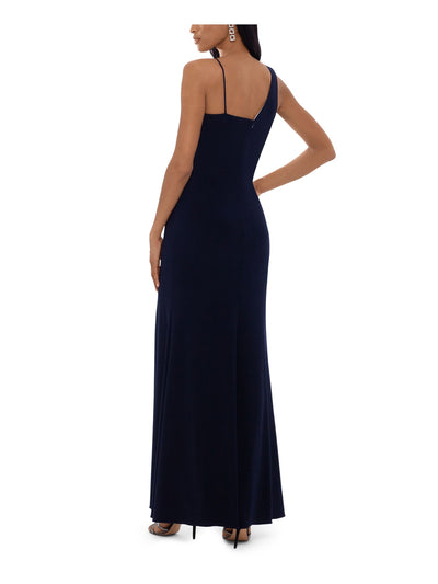 XSCAPE Womens Navy Stretch Slitted Zippered Straps One Wide One Spaghetti Sleeveless Asymmetrical Neckline Full-Length Formal Gown Dress 6