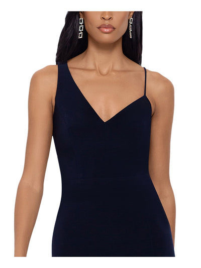 XSCAPE Womens Navy Stretch Slitted Zippered Straps One Wide One Spaghetti Sleeveless Asymmetrical Neckline Full-Length Formal Gown Dress 16